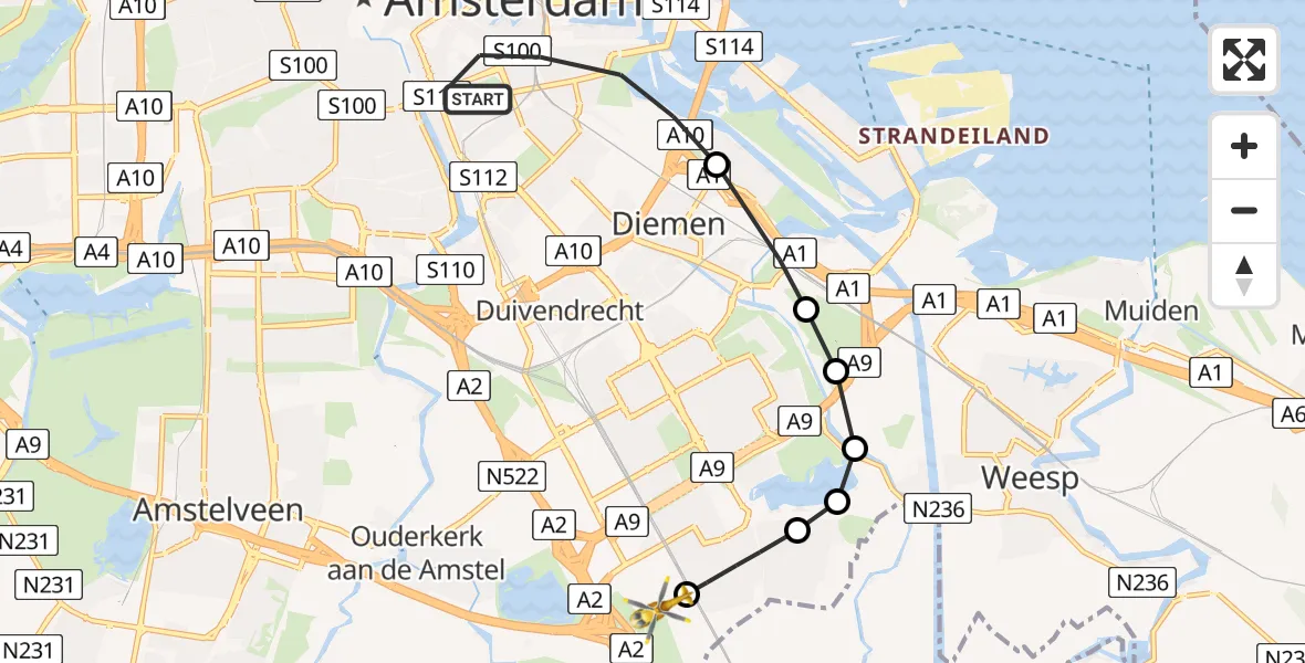 Routekaart van de vlucht: Lifeliner 1 naar Amsterdam UMC Helipad, Amsterdam UMC Helipad