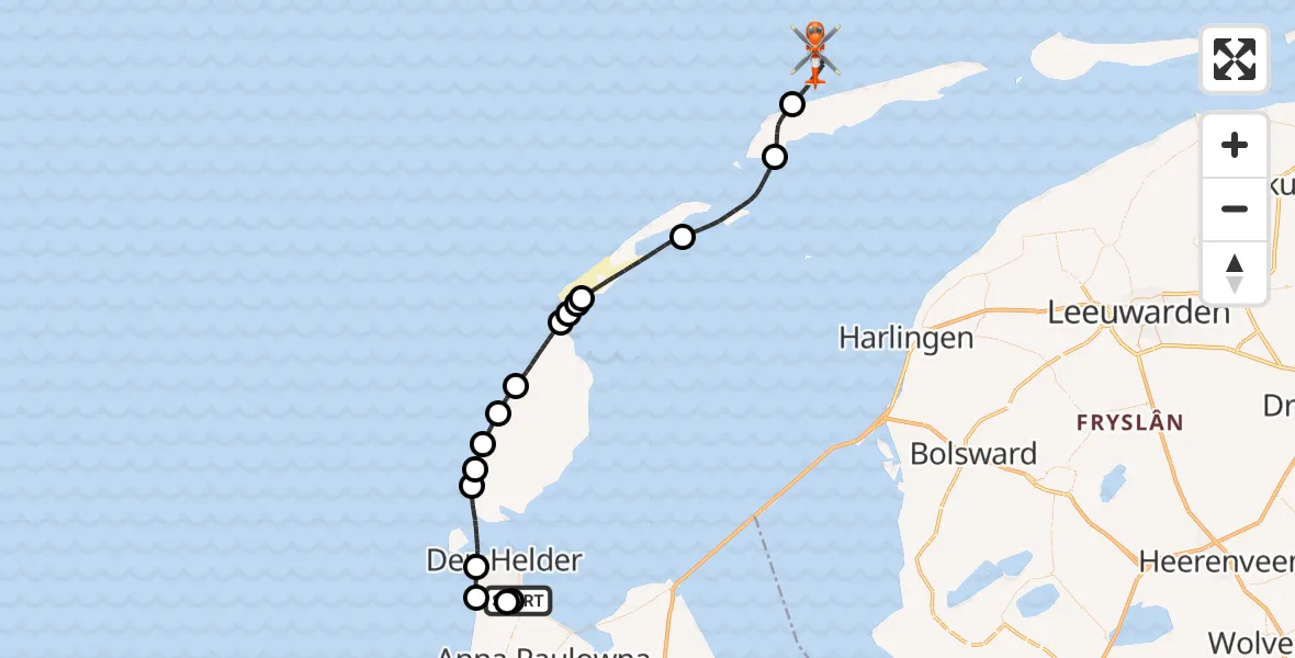Routekaart van de vlucht: Kustwachthelikopter naar Noordzee, Noordzee