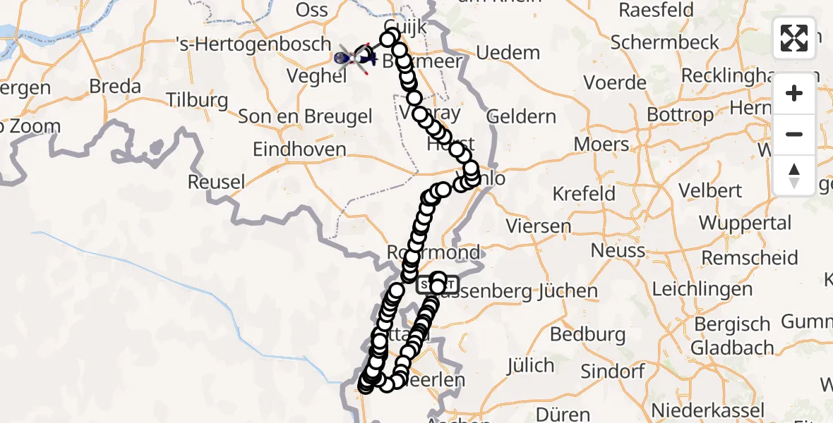 Routekaart van de vlucht: Politiehelikopter naar Vliegbasis Volkel, Vliegbasis Volkel
