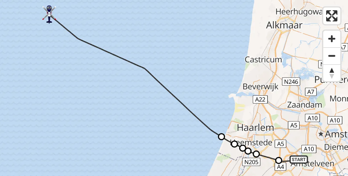 Routekaart van de vlucht: Politiehelikopter naar Noordzee, Noordzee
