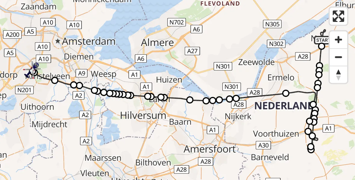 Routekaart van de vlucht: Politiehelikopter naar Amsterdam Vliegveld Schiphol, Amsterdam Vliegveld Schiphol