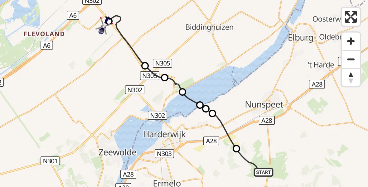 Routekaart van de vlucht: Politiehelikopter naar Lelystad Airport, Lelystad Airport