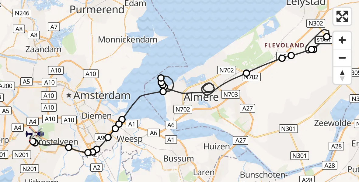 Routekaart van de vlucht: Politiehelikopter naar Amsterdam Vliegveld Schiphol, Amsterdam Vliegveld Schiphol