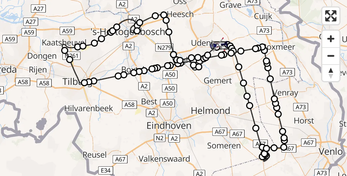 Routekaart van de vlucht: Politiehelikopter naar Vliegbasis Volkel, Vliegbasis Volkel
