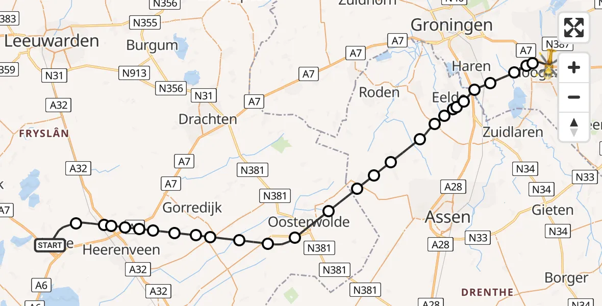 Routekaart van de vlucht: Lifeliner 4 naar Kolham, Provincialeweg