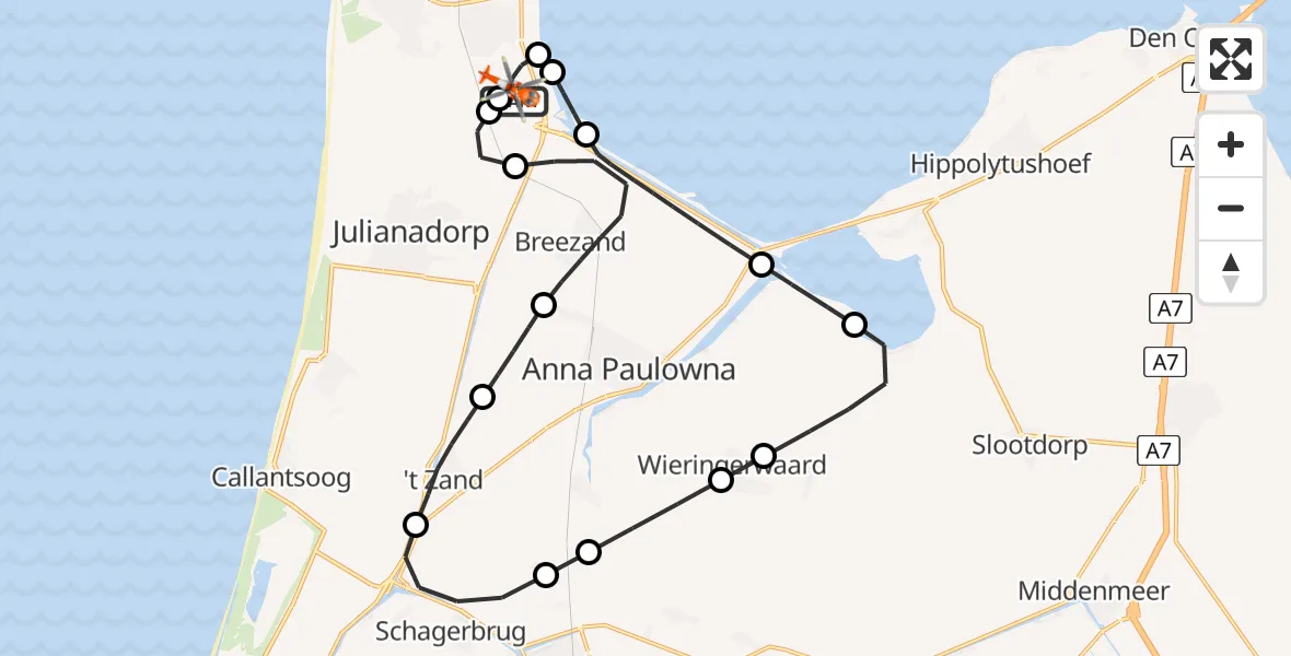 Routekaart van de vlucht: Kustwachthelikopter naar Militair vliegveld De Kooy / Den Helder Airport, Militair vliegveld De Kooy / Den Helder Airport