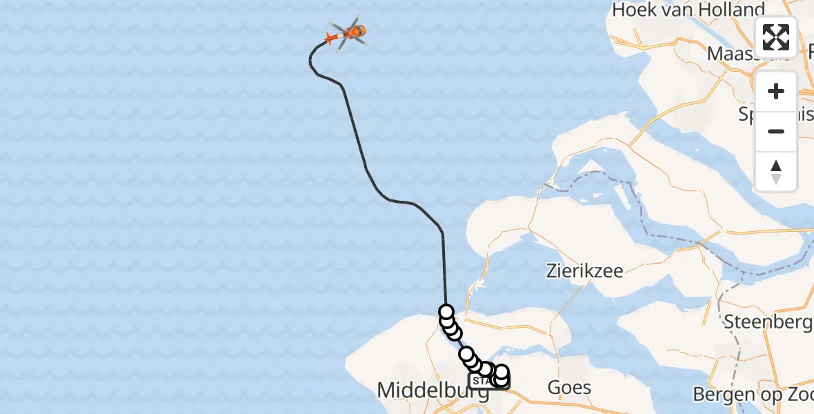 Routekaart van de vlucht: Kustwachthelikopter naar Noordzee, Noordzee