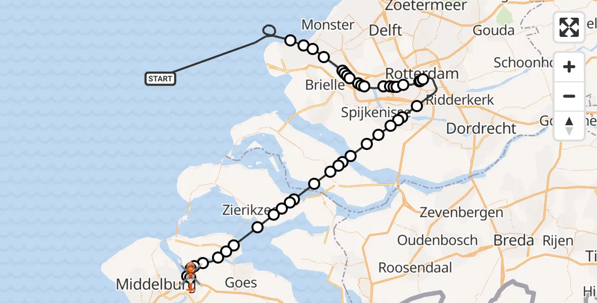 Routekaart van de vlucht: Kustwachthelikopter naar Vliegveld Midden-Zeeland, Vliegveld Midden-Zeeland