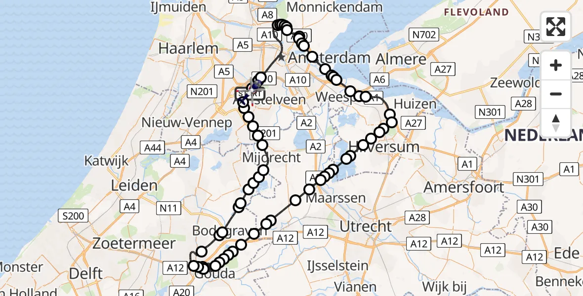 Routekaart van de vlucht: Politiehelikopter naar Amsterdam Vliegveld Schiphol, Amsterdam Vliegveld Schiphol