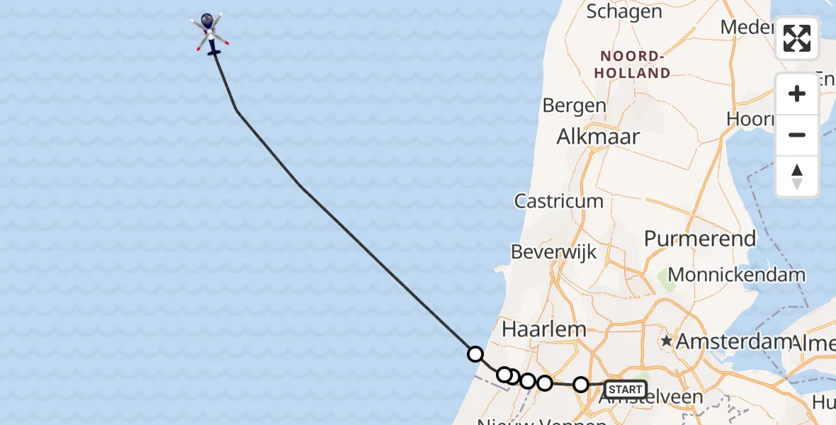Routekaart van de vlucht: Politiehelikopter naar Noordzee, Noordzee