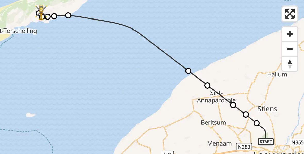 Routekaart van de vlucht: Ambulancehelikopter naar Terschelling Heliport, Terschelling Heliport