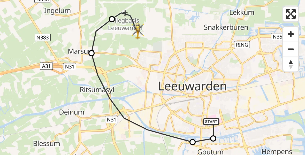 Routekaart van de vlucht: Ambulancehelikopter naar Vliegbasis Leeuwarden, Vliegbasis Leeuwarden