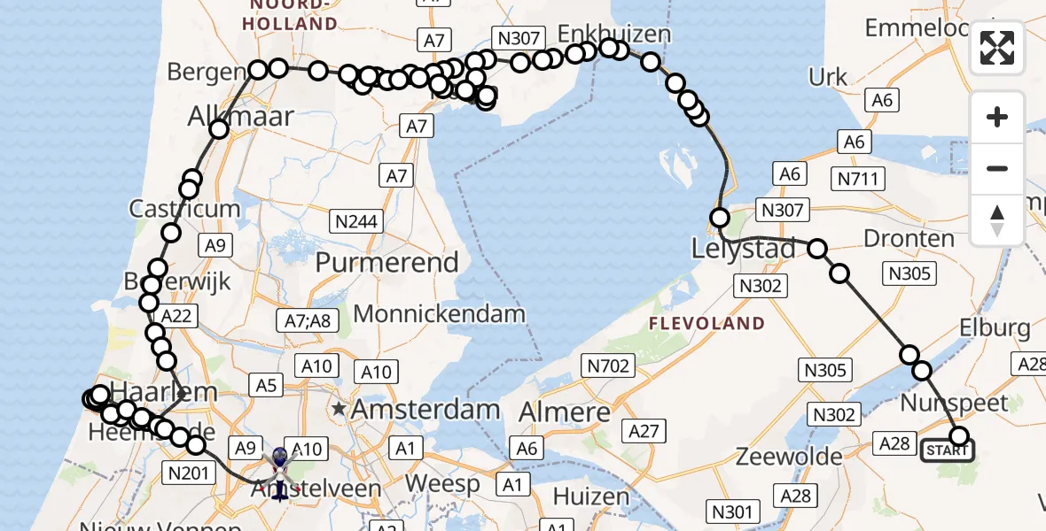 Routekaart van de vlucht: Politiehelikopter naar Amsterdam Vliegveld Schiphol, Amsterdam Vliegveld Schiphol