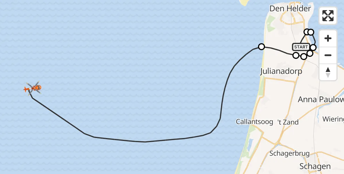 Routekaart van de vlucht: Kustwachthelikopter naar Noordzee, Noordzee