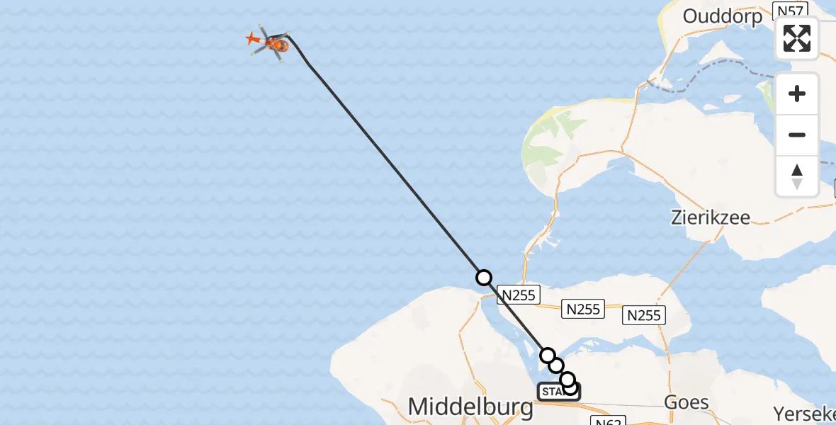 Routekaart van de vlucht: Kustwachthelikopter naar Noordzee, Noordzee
