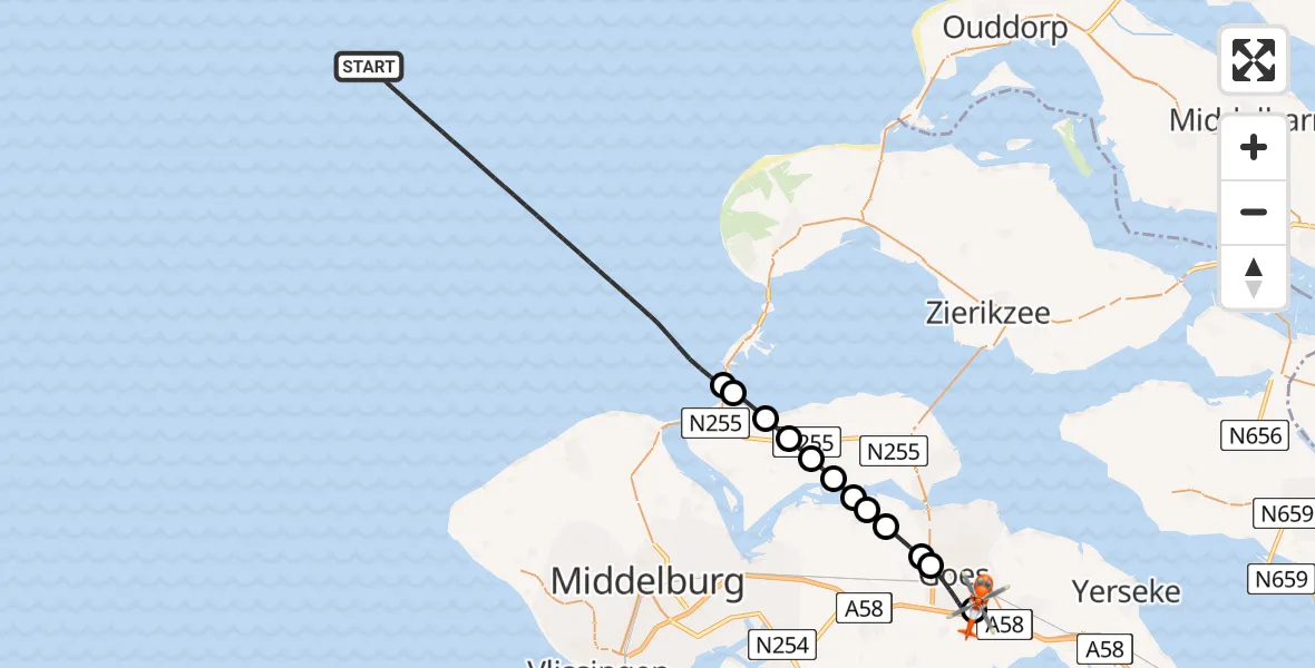 Routekaart van de vlucht: Kustwachthelikopter naar Admiral De Ruyter Hospital Heliport, Admiral De Ruyter Hospital Heliport