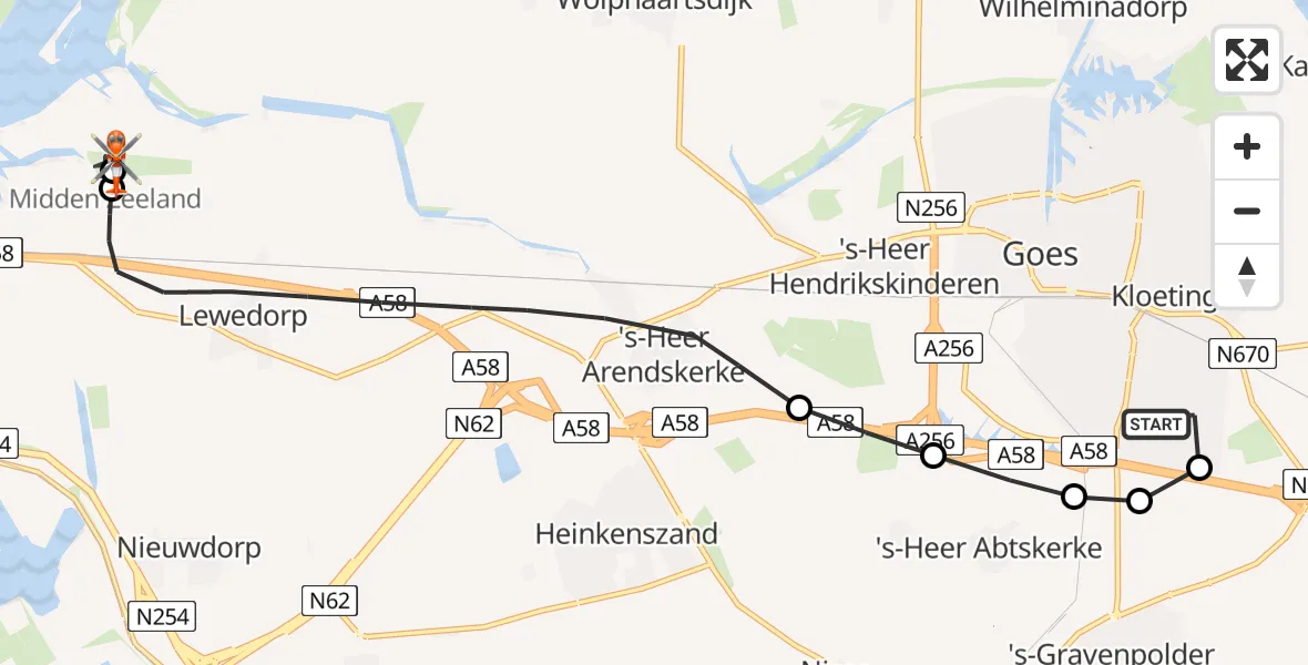Routekaart van de vlucht: Kustwachthelikopter naar Vliegveld Midden-Zeeland, Vliegveld Midden-Zeeland