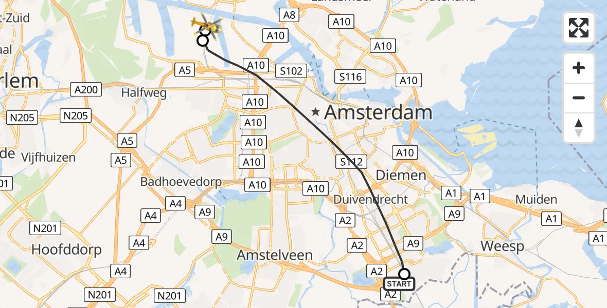 Routekaart van de vlucht: Lifeliner 1 naar Amsterdam Heliport, Amsterdam Heliport