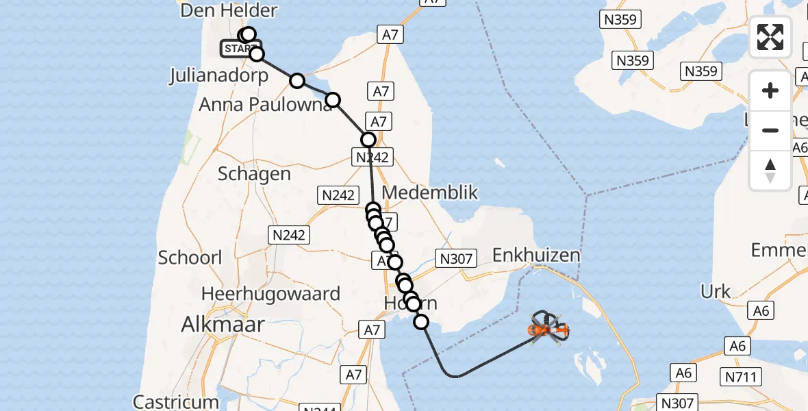 Routekaart van de vlucht: Kustwachthelikopter naar Markermeer, Markermeer