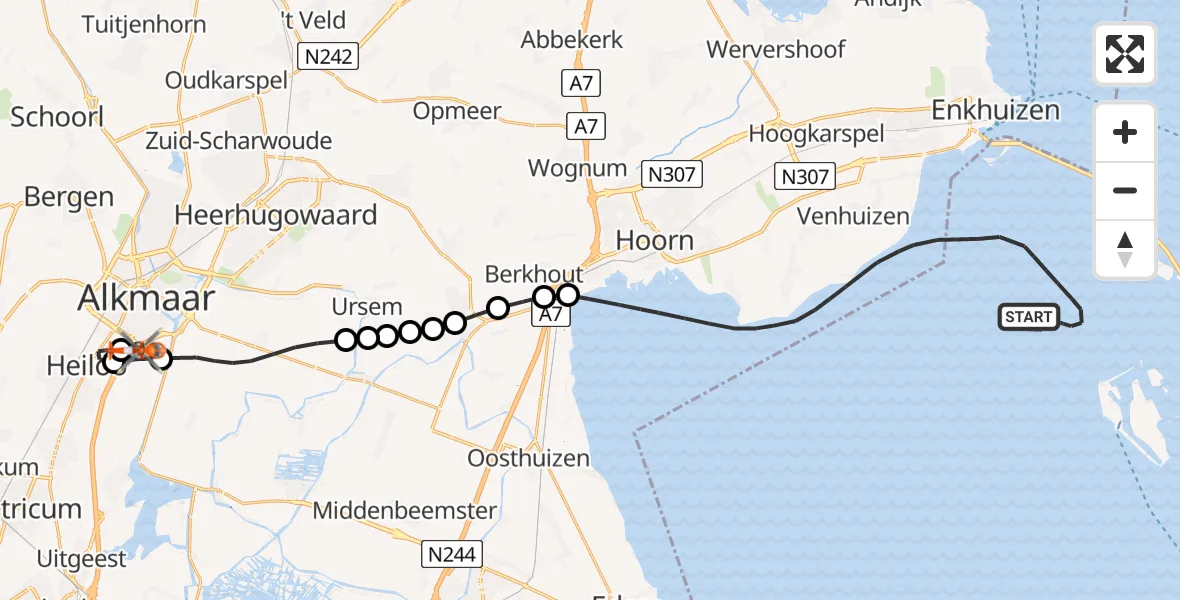 Routekaart van de vlucht: Kustwachthelikopter naar Alkmaar, Parelweg