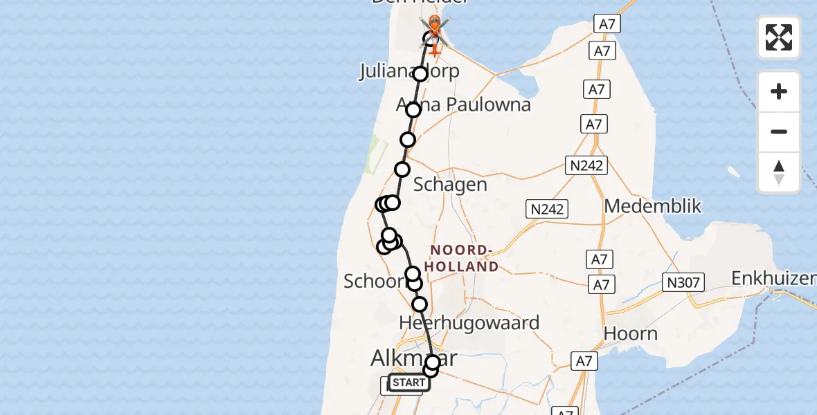 Routekaart van de vlucht: Kustwachthelikopter naar Militair vliegveld De Kooy / Den Helder Airport, Militair vliegveld De Kooy / Den Helder Airport