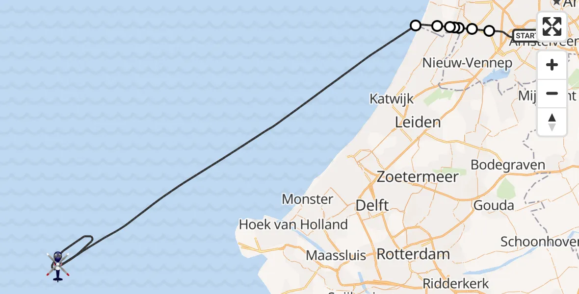 Routekaart van de vlucht: Politiehelikopter naar Noordzee, Noordzee