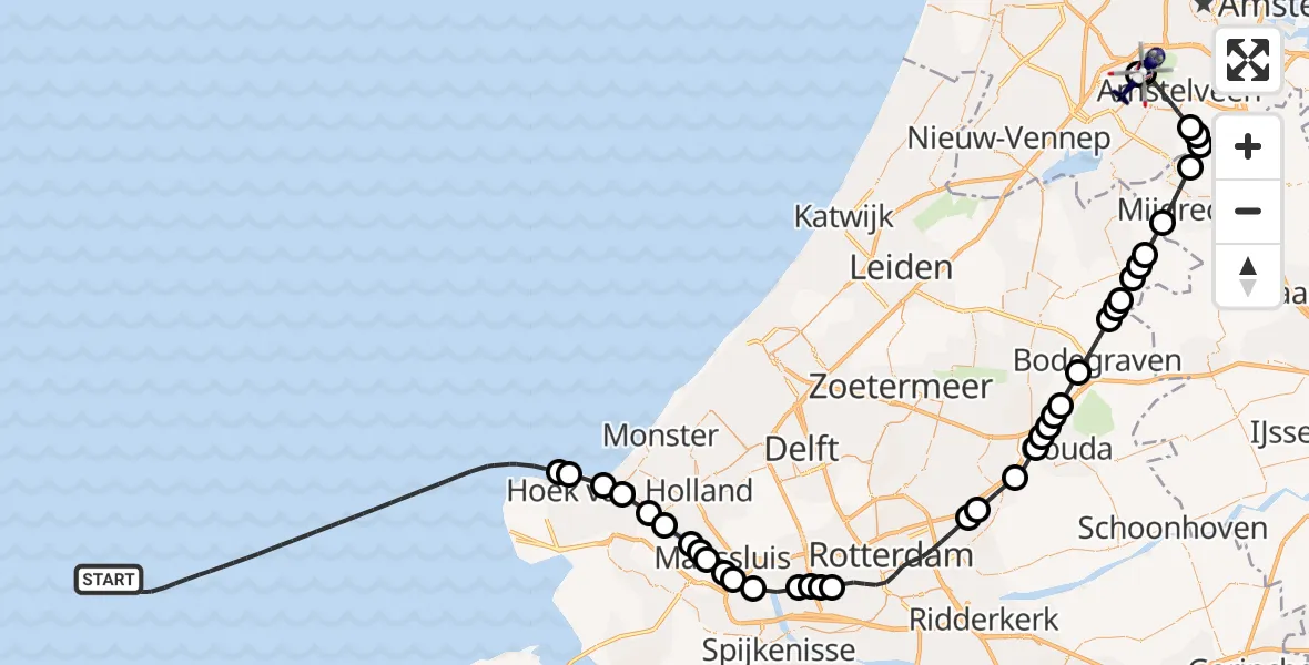 Vluchtroute Politiehelikopter van Noordzee naar Amsterdam Vliegveld Schiphol