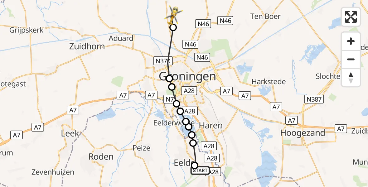 Vluchtroute Traumahelikopter van Groningen Airport Eelde naar Adorp