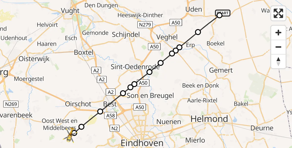 Vluchtroute Traumahelikopter van Vliegbasis Volkel naar Wintelre