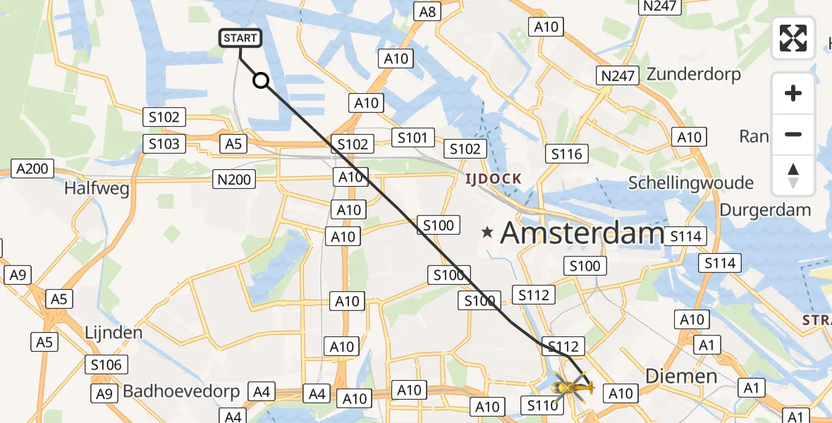 Vluchtroute Traumahelikopter van Amsterdam Heliport naar Amsterdam