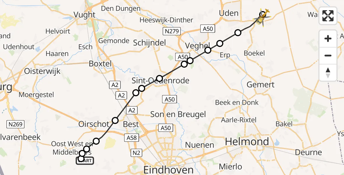 Vluchtroute Traumahelikopter van Wintelre naar Vliegbasis Volkel
