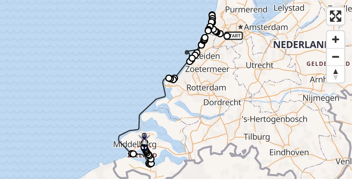 Vluchtroute Politiehelikopter van Amsterdam Vliegveld Schiphol naar Vliegveld Midden-Zeeland