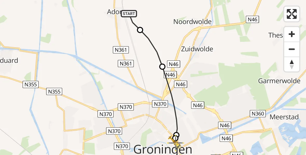 Vluchtroute Traumahelikopter van Adorp naar Universitair Medisch Centrum Groningen