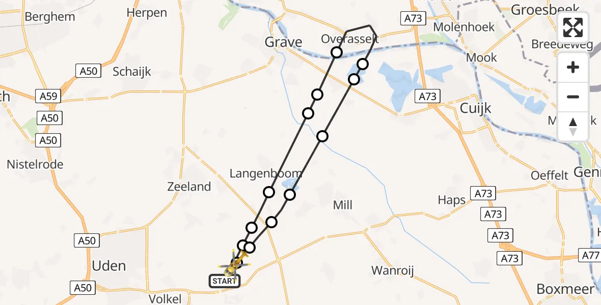 Vluchtroute Traumahelikopter van Vliegbasis Volkel naar Vliegbasis Volkel