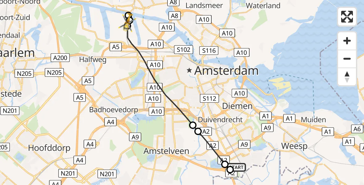 Vluchtroute Traumahelikopter van Amsterdam UMC Helipad naar Amsterdam Heliport