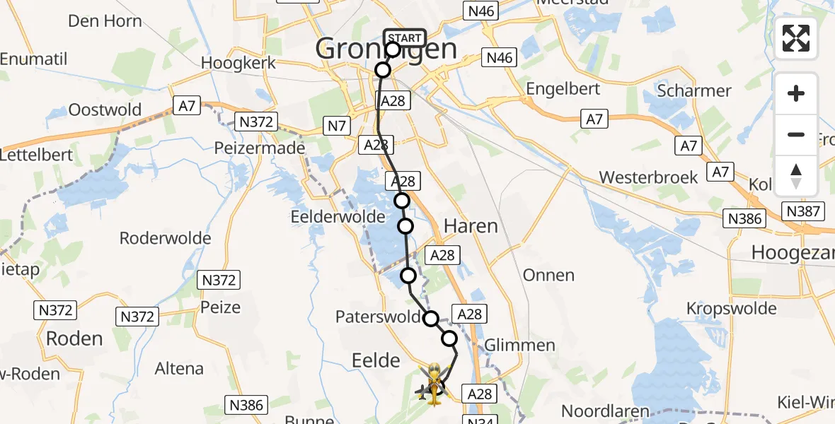 Vluchtroute Traumahelikopter van Universitair Medisch Centrum Groningen naar Groningen Airport Eelde