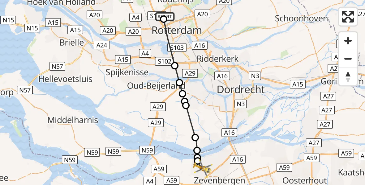Vluchtroute Traumahelikopter van Rotterdam The Hague Airport naar Klundert
