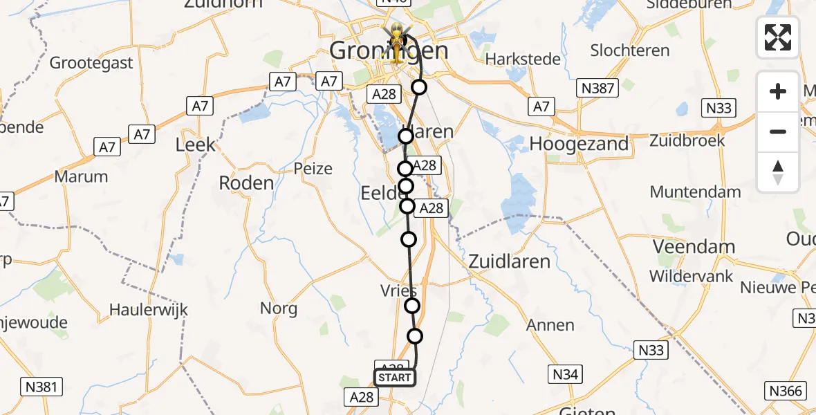 Vluchtroute Traumahelikopter van Assen naar Universitair Medisch Centrum Groningen