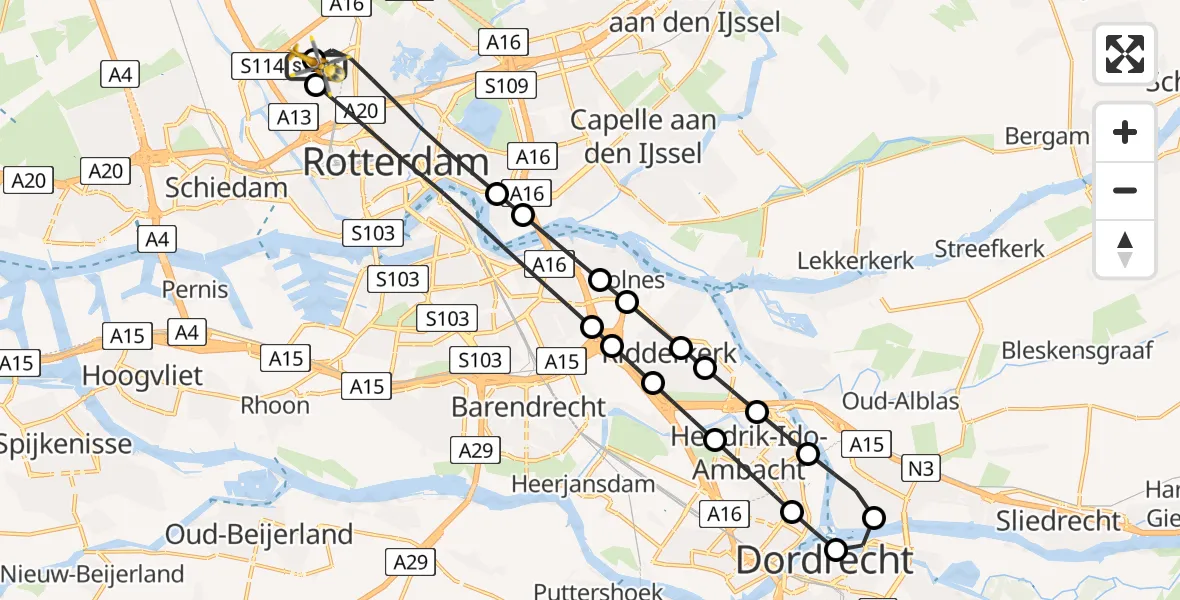 Vluchtroute Traumahelikopter van Rotterdam The Hague Airport naar Rotterdam The Hague Airport