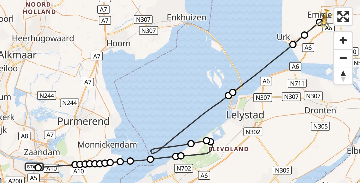 Vluchtroute Traumahelikopter van Amsterdam Heliport naar Emmeloord