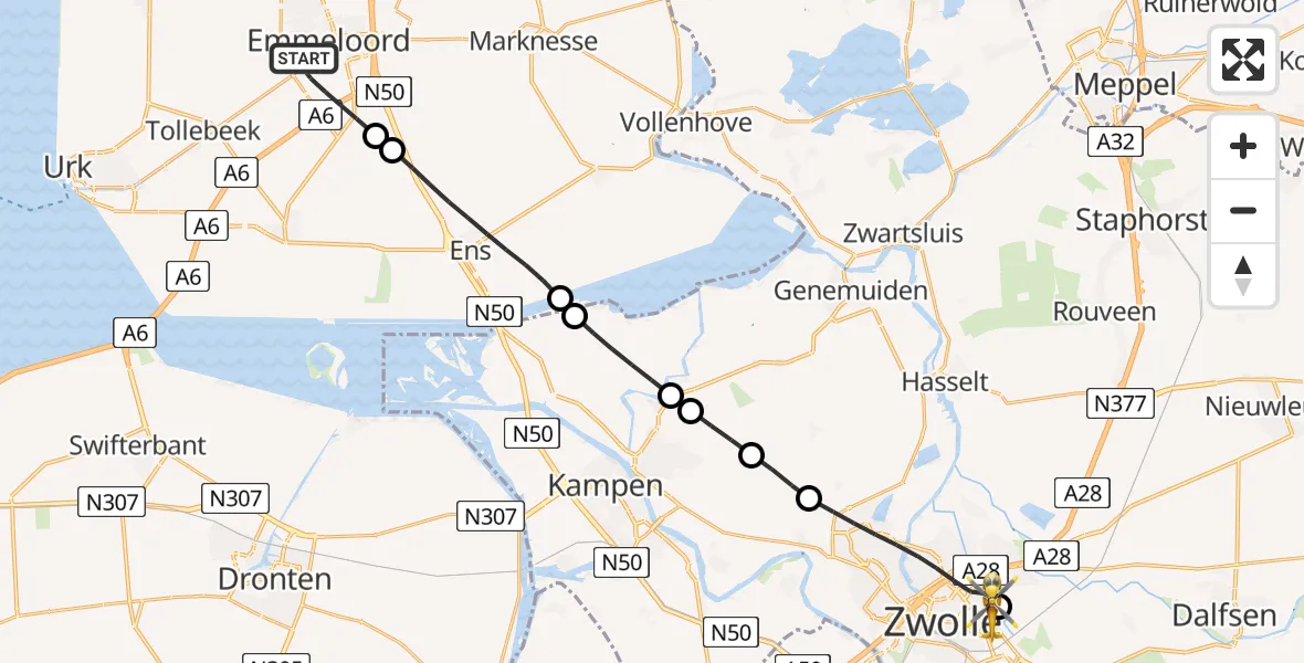Vluchtroute Traumahelikopter van Emmeloord naar Isala Hospital Zwolle Heliport