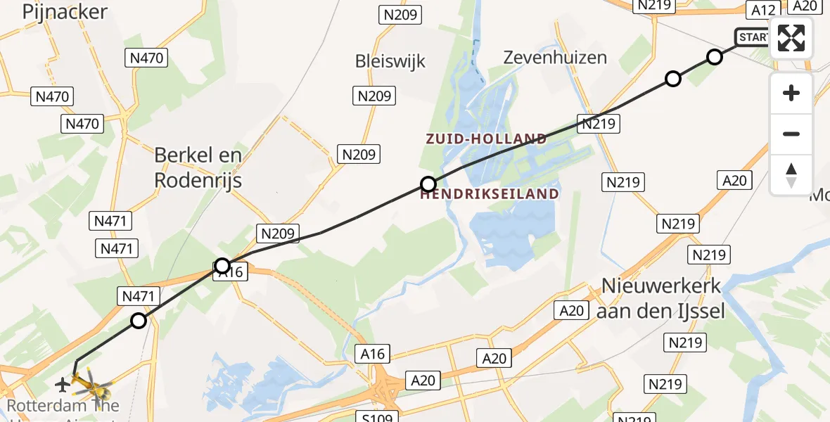 Vluchtroute Traumahelikopter van Waddinxveen naar Rotterdam The Hague Airport