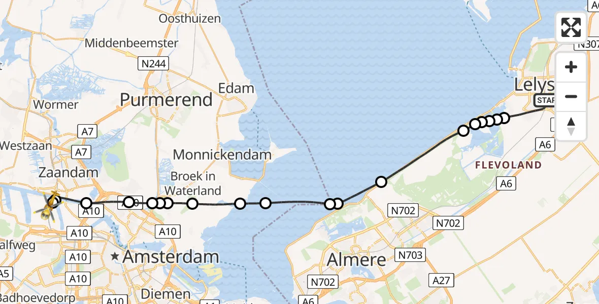 Vluchtroute Traumahelikopter van Lelystad naar Amsterdam Heliport