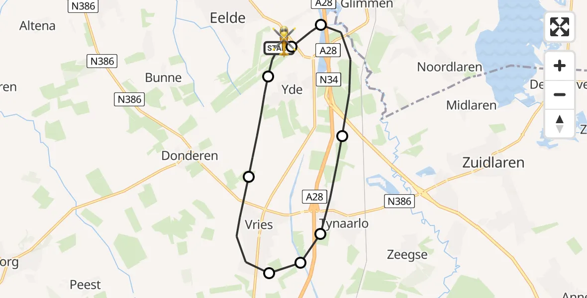 Vluchtroute Traumahelikopter van Groningen Airport Eelde naar Groningen Airport Eelde
