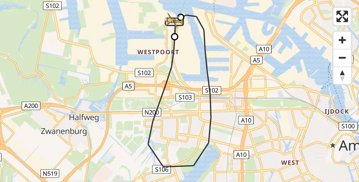 Vluchtroute Traumahelikopter van Amsterdam Heliport naar Amsterdam Heliport