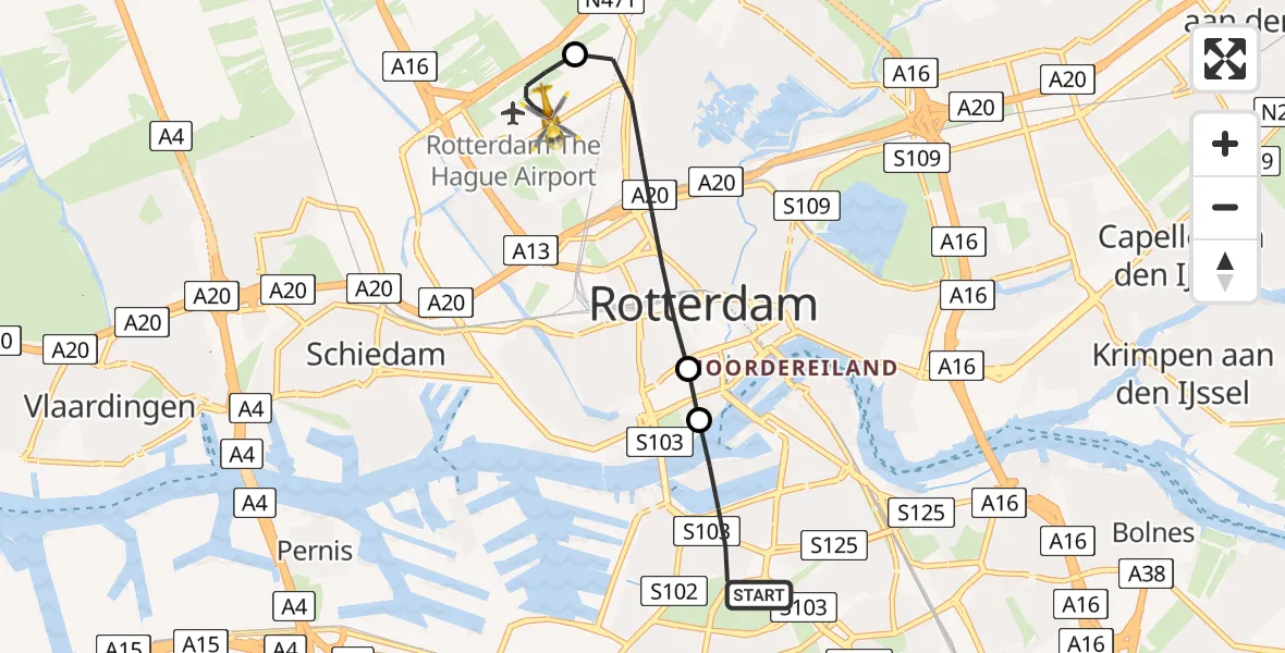Vluchtroute Traumahelikopter van Rotterdam naar Rotterdam The Hague Airport