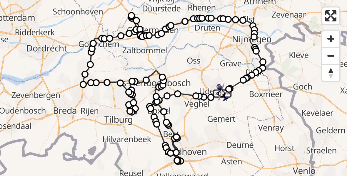 Vluchtroute Politiehelikopter van Vliegbasis Volkel naar Vliegbasis Volkel
