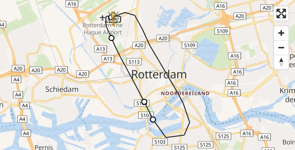 Vluchtroute Traumahelikopter van Rotterdam The Hague Airport naar Rotterdam The Hague Airport