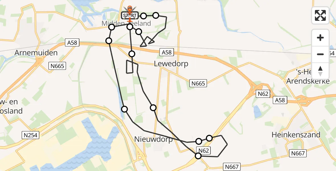 Vluchtroute Kustwachthelikopter van Vliegveld Midden-Zeeland naar Vliegveld Midden-Zeeland