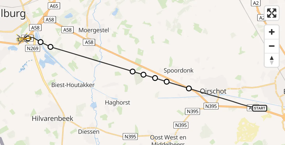 Vluchtroute Traumahelikopter van Oirschot naar St. Elisabeth Hospital Heliport